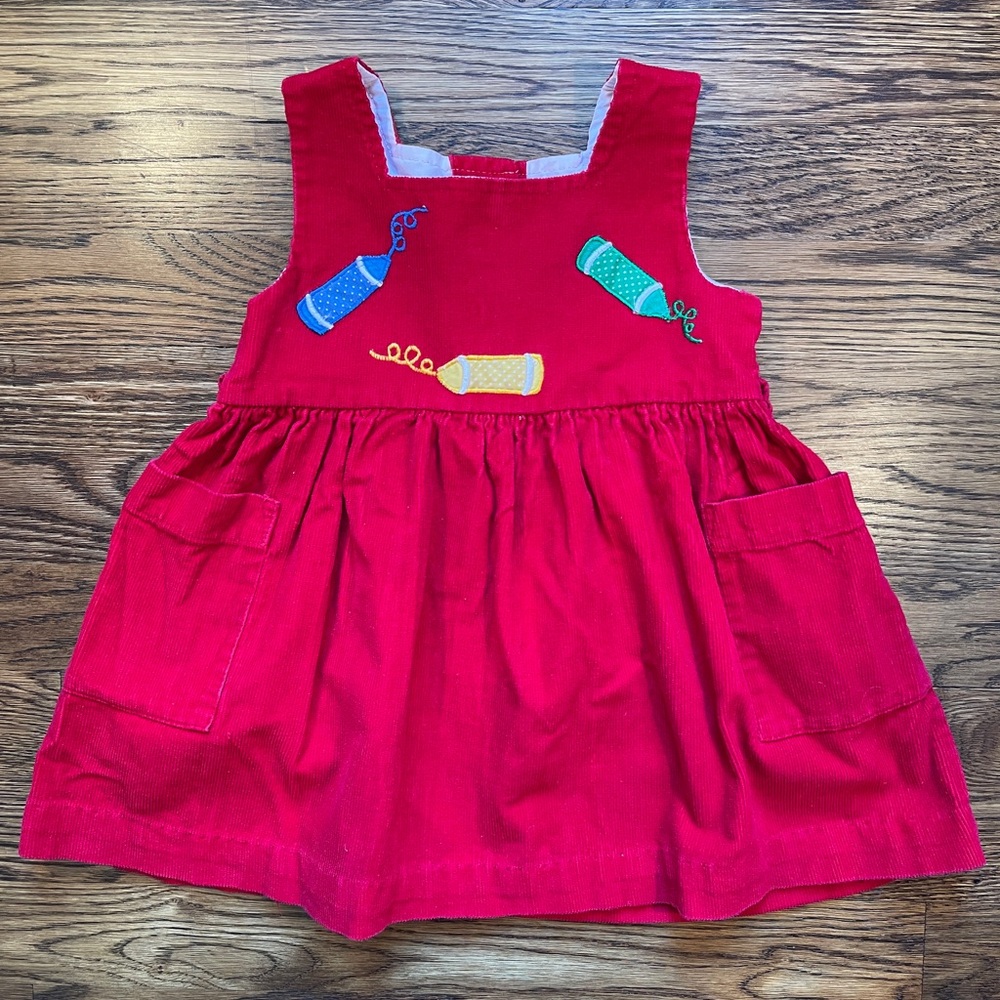 Girls Red Corduroy School Lined Dress Crayon Embroidered Appliqué 2T